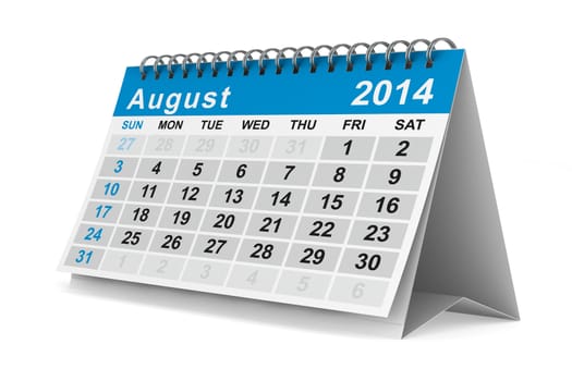 2014 year calendar. August. Isolated 3D image