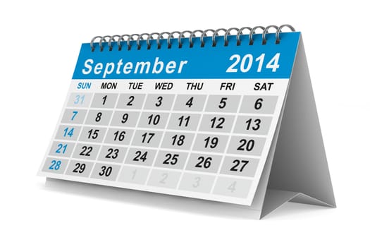 2014 year calendar. September. Isolated 3D image