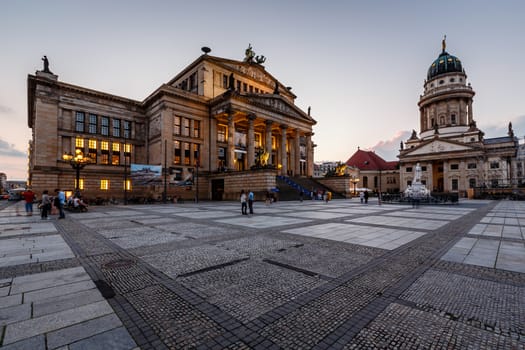 French Cathedral and Concert Hall on Gendarmenmarkt Square in the Evening, Berlin, Germany