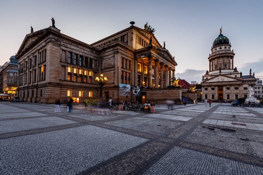 French Cathedral and Concert Hall on Gendarmenmarkt Square in the Evening, Berlin, Germany