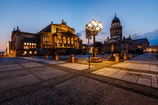 French Cathedral and Concert Hall on Gendarmenmarkt Square at Night, Berlin, Germany