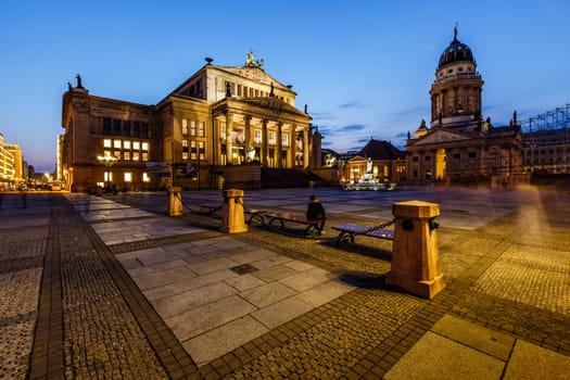 French Cathedral and Concert Hall on Gendarmenmarkt Square at Night, Berlin, Germany