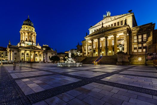 German Cathedral and Concert Hall on Gendarmenmarkt Square at Night, Berlin, Germany