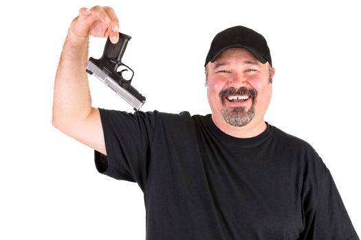 Big guy with a goatee and black shirt surrender with his gun on his left hand smiling friendly