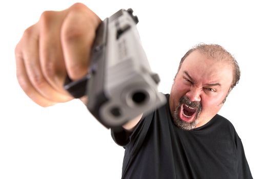 Big man with goatee points his gun to your chest, looks very angry, make sure do whatever he says, stop thinking, focus on the  face, try to remember him one last time, pray fast, isolated on white