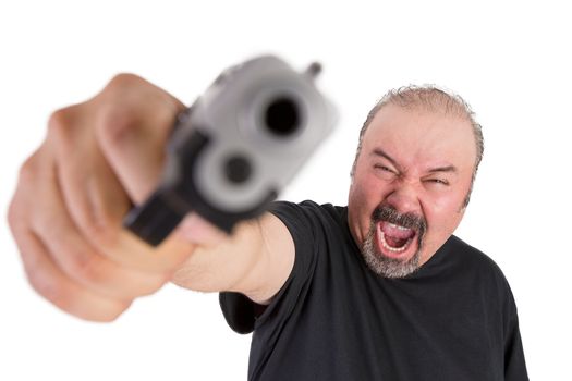Middle age man screams out loud wile holding his gun at his left hand pointed at you