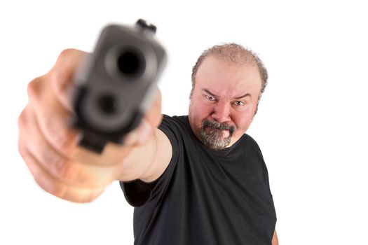 Big man with goatee points his gun directly to your brain, looks like loosing his patience his face muscles all tighten up