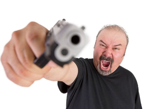 Big man with angry eyes points his gun to your face, looks very angry, make sure do whatever he says, stop thinking, focus on the  face, try to remember him one last time, pray fast, isolated on white