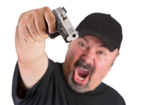 Big man with goatee points his gun to you with a loud scream, make sure do whatever he says, stop thinking, focus on the gun, isolated on white