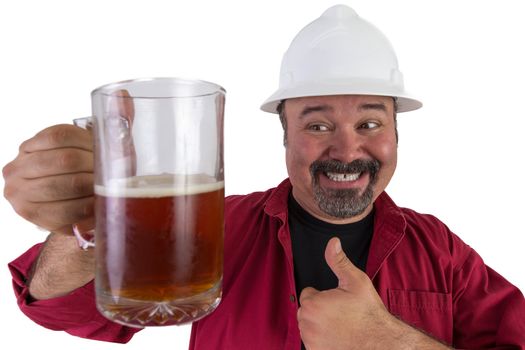 Happy hard hat working giving a thumbs up to his beer glass wearing red shirt  along with his white hard hat