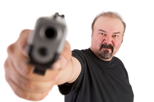 Big man with goatee points his gun to you, looks getting angry, make sure do whatever he says, stop thinking, focus on the  face, try to remeber him one last time, isolated on white