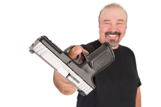 Big guy hands his gun with his finger securely, focus on the gun, isolated on white