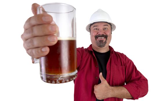 Happy hard hat working giving a thumbs up, sharing his beer glass, wearing red shirt  along with his white hard hat