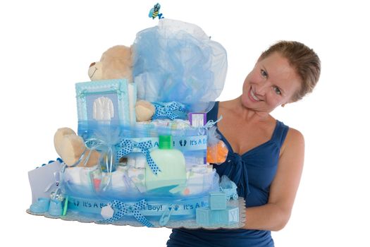 Pretty lady presenting a baby diaper cake with different items for the expectant family and their boy, Isolated on a white background,
