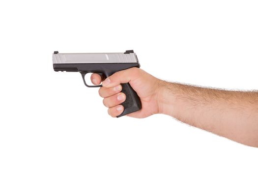 Shooting style with a hand gun from inside of the arm view