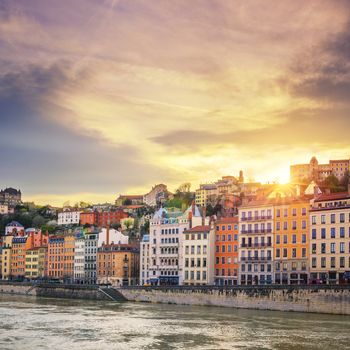 Saone river in Lyon city at sunset, France 