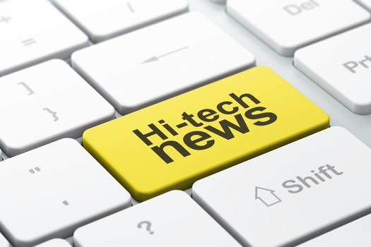 News concept: computer keyboard with word Hi-tech News, selected focus on enter button, 3d render