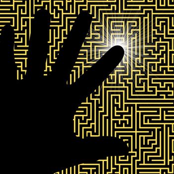Illustration of a hand touching part of a maze