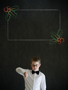 Thumbs down boy dressed up as business man with Christmas holly to do checklist on blackboard background