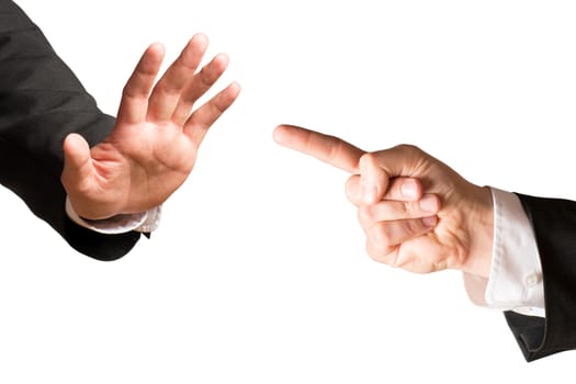 Two hands in suit against white background. The one hand is pointing the other is keeping away