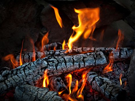 Closeup of hot burning wood, coals.