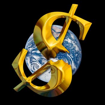 Global financial crisis. Broken gold dollar against earth background. Elements of this image furnished by NASA