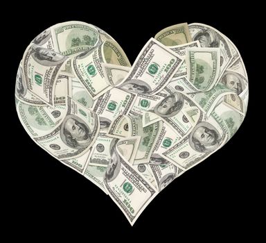 Heart sign made by 100 dollar banknotes isolated on black