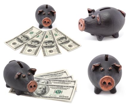 Money and black piggy bank on white background.