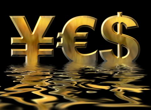 Word YES written by gold symbols of yen, dollar and euro with water reflection