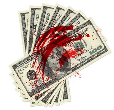 Stack of one hundred dollar bills  with blood spots