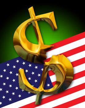 Financial crisis. Broken gold dollar on american flag background