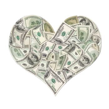Heart sign made by 100 dollar banknotes isolated on white