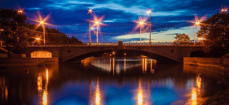A Night Bridge Over The River In Minsk Belarus
