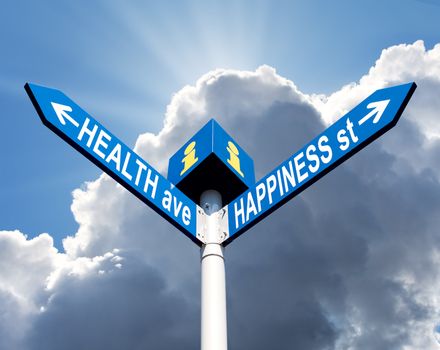 Street post with health ave and happiness st signs