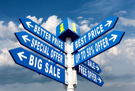 Big Sale, Better Price and Special Offer Directional Road Signs on sky background