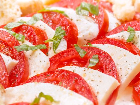 Tomato and mozzarella slices with basil leaves