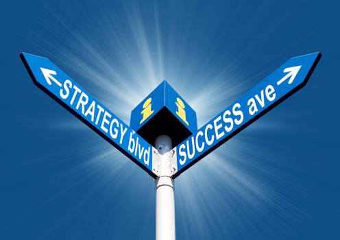 Strategy blvd and success ave direction post over blue sky and sun shine