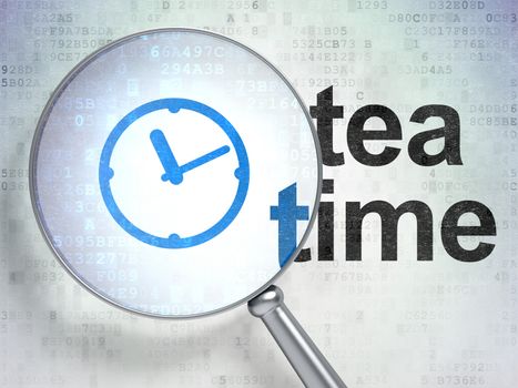 Timeline concept: magnifying optical glass with Clock icon and Tea Time word on digital background, 3d render