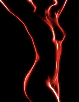 Naked woman painted by soft glowing lines
