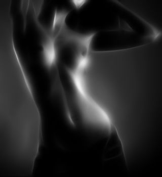 Naked woman painted by soft glowing lines