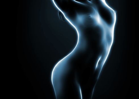 Naked woman painted by soft glowing lines