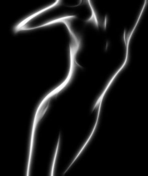 Naked woman painted by soft glowing lines