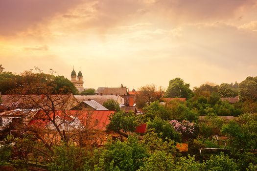 Uzhgorod spring cityscape in sunset time