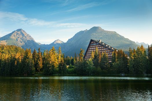 Morning on mountain lake in national park High Tatra. Strbske pleso, Slovakia, Europe