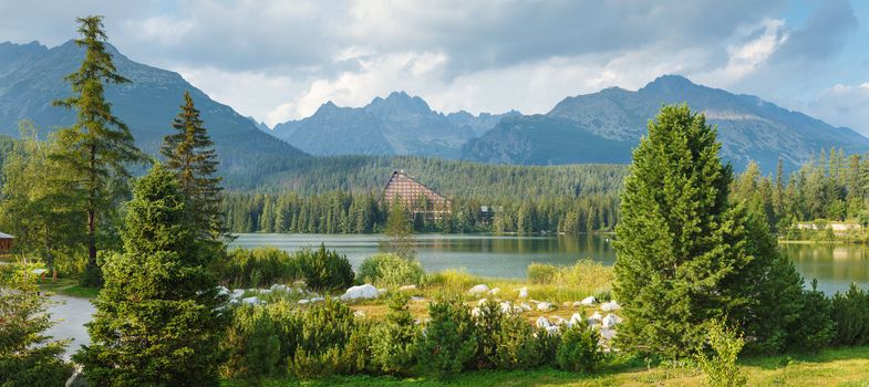 High resolution panorama of mountain lake in National Park High Tatra. Strbske pleso, Slovakia, Europe