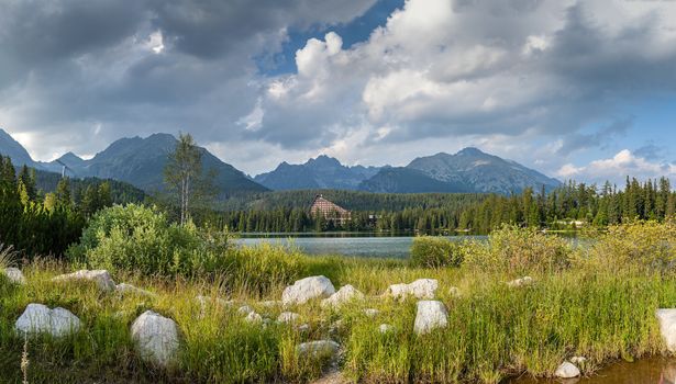 High resolution panorama of mountain lake in National Park High Tatra. Strbske pleso, Slovakia, Europe