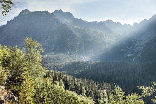 View of High Tatra Mountains in the morning mist from hiking trail. Slovakia. Europe.