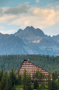 Resort area near mountain lake in National Park High Tatra. Strbske pleso, Slovakia, Europe