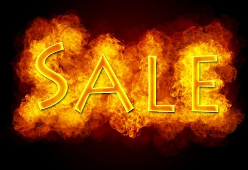 Word SALE on fire background