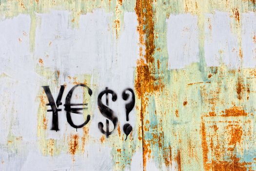 Wall with texture and currency dollar, euro and yen signs graffiti with qustion mark on it